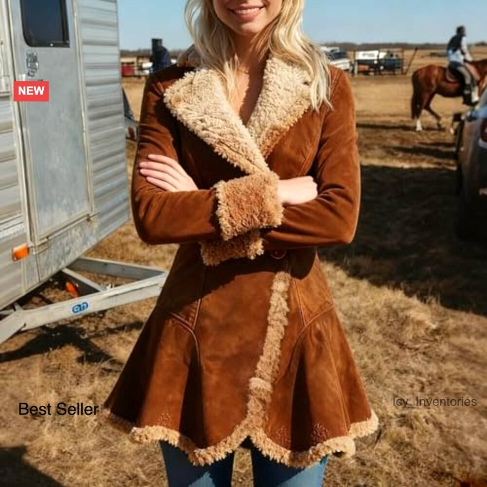 Sherpa Lined Faux Leather Jacket Slim Fit Retro Western Chic Winter Coat - Picture 3 of 7